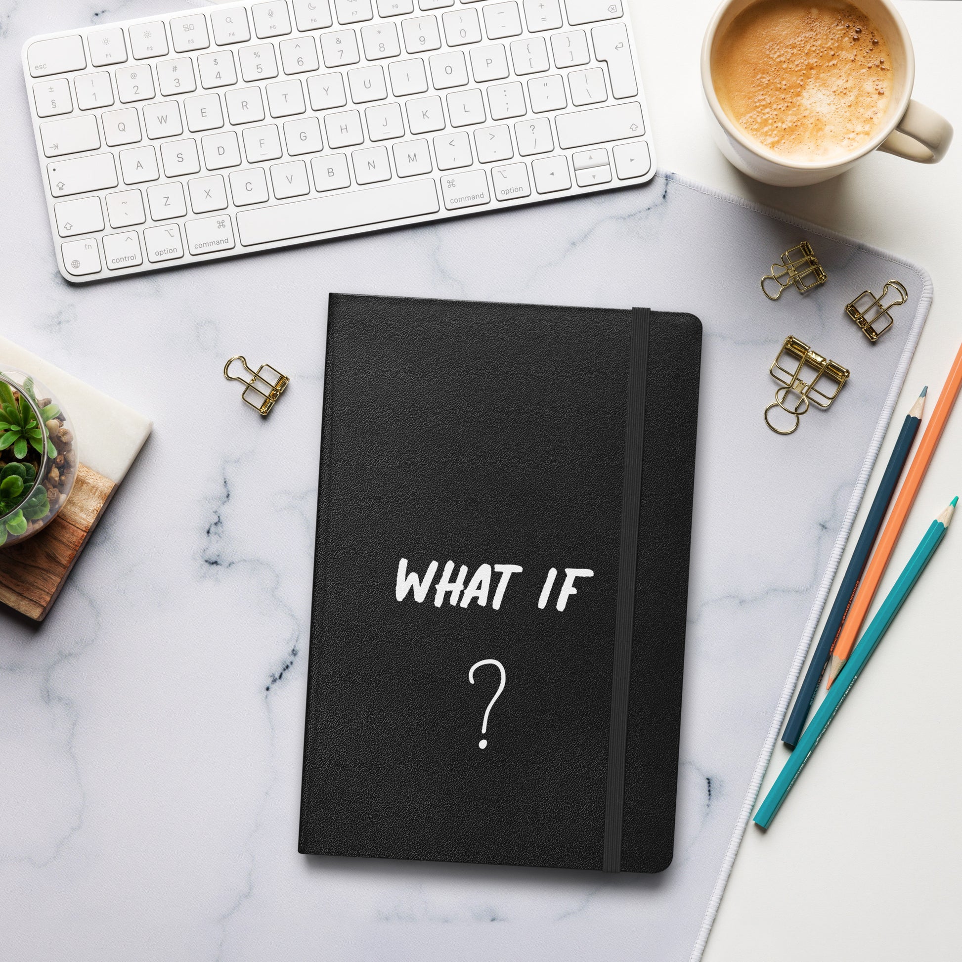 Black notebook with the words "WHAT IF ?" written on the cover.
