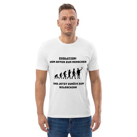 Weißes T-Shirt mit schwarzem Evolutions-Motiv und dem Text: „Evolution: Vom Affen zum Menschen und jetzt zurück zum Bildschirm“.