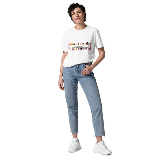 Weißes T-Shirt mit bunter Reihe verschiedener Frauenfiguren und dem Text: „Lass mich raten, ein weiterer what about mens right, moment?“